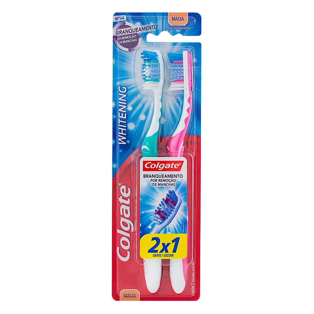 Pack Escova Dental Macia Whitening Colgate Cabeça Compacta 2 Unidades