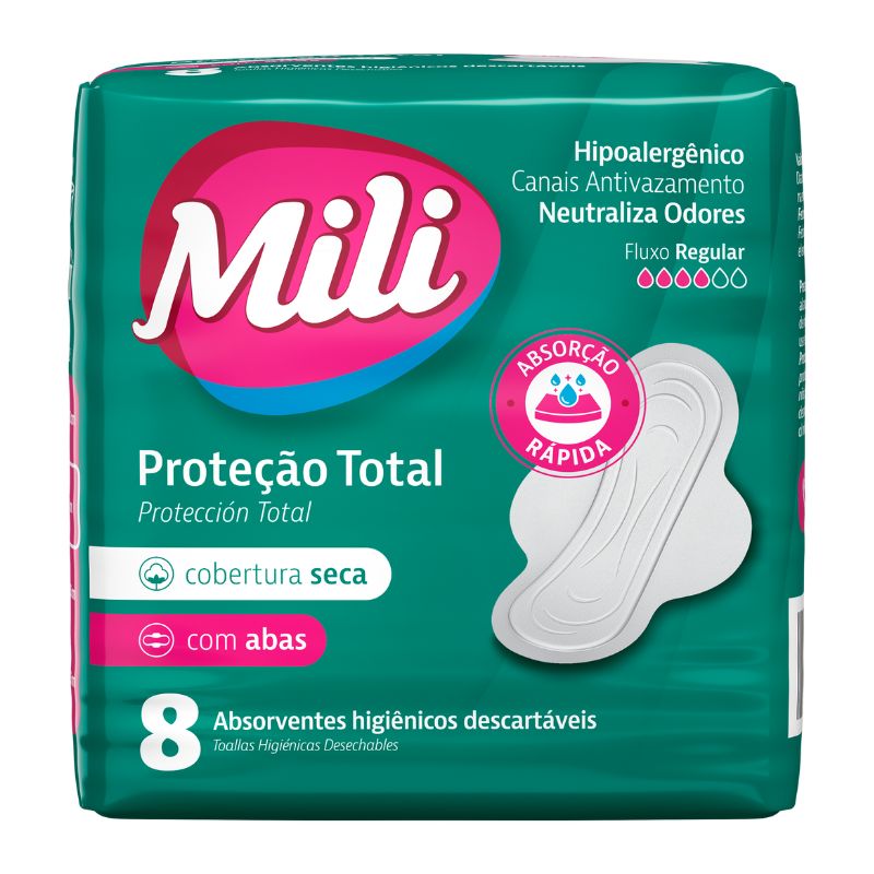 Absorvente Mili Proteção Total Cobertura Seca com Abas 8 Unidades