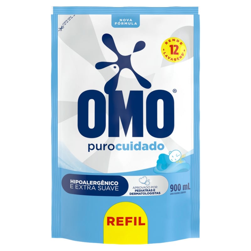 Lava-Roupas Líquido Omo Puro Cuidado Sachê Refil Econômico 900ml