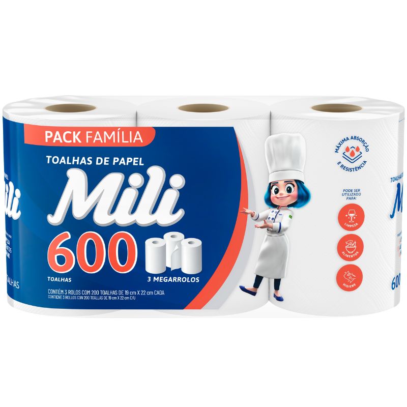 Toalha de Papel Mili 600 Folhas 3unidades