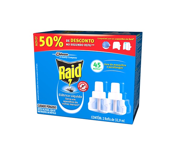 Repelente Elétrico Líquido 45 Noites Raid Caixa 2 Unidades 32,9ml Cada Grátis 50% de Desconto no Segundo Refil