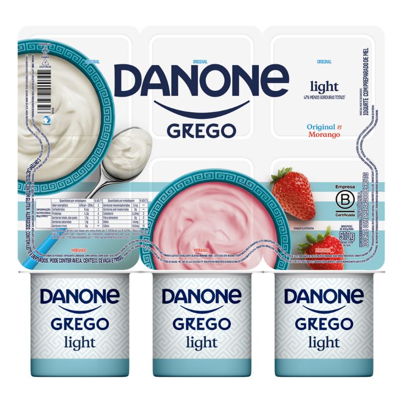 Iogurte Parcialmente Desnatado Grego Original + Morango Light Danone Bandeja 510g 6 Unidades